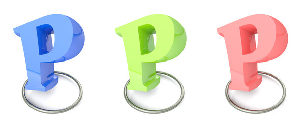 Poster - A set of three differently colored letters P over a metallic circle, on white background - 3D rendering illustration