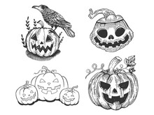 Halloween Decoration Jack O Lantern Set Line Art Sketch Engraving Vector Illustration. T-shirt Apparel Print Design. Scratch Board Imitation. Black And White Hand Drawn Image.