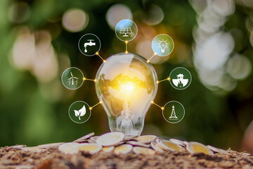 energy saving lamp and environmentally friendly energy icon, earth day concept, and energy saving
