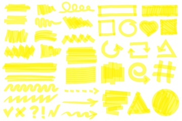 Poster - Highlighter strokes. Yellow marker lines, strokes, arrows, frames, circles, checkmarks. Hand drawn permanent markers doodle elements vector set. Stripes, geometric shapes and arrows