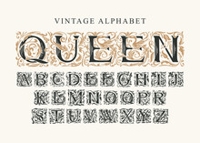 The Word Queen. Vintage Alphabet, Vector Set Of Hand-drawn Ornate Initial Alphabet Letters On A Light Background. Luxury Design Of Beautiful Royal Font For Card, Invitation, Monogram, Label, Logo