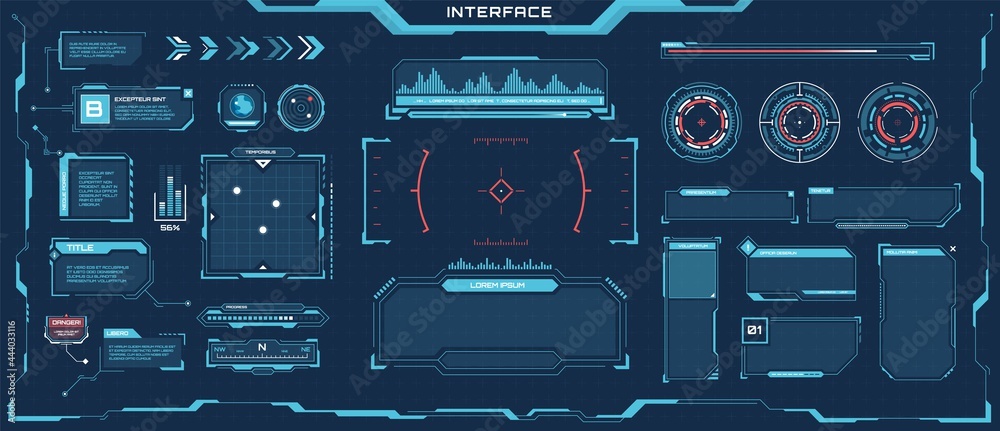 Futuristic hud elements. Cyberpunk space digital panels, frames ...