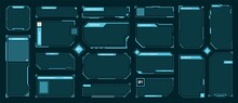 Hud Frames. Futuristic Text Box, Border, Frame. Sci-fi Digital Screen, Hologram Panel. High Tech Hud Interface Elements Vector Set. Modern Windows With Buttons For Computing Innovative Game