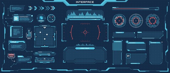 Poster - Futuristic hud elements. Cyberpunk space digital panels, frames, callout titles, progress bars. Sci-fi game interface element vector set. Virtual screen with digital panel for games