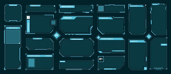 Poster - Hud frames. Futuristic text box, border, frame. Sci-fi digital screen, hologram panel. High tech hud interface elements vector set. Modern windows with buttons for computing innovative game
