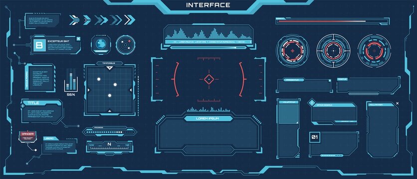 Futuristic hud elements. Cyberpunk space digital panels, frames, callout titles, progress bars. Sci-fi game interface element vector set. Virtual screen with digital panel for games