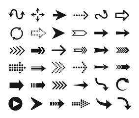 Poster - Arrow icon. Arrows pictograms, buttons, web cursors, pointers. Up, down, right, left direction signs. Curve and straight arrows symbol vector set. Navigation, location and orientation sign