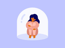 Unhappy woman sitting hugging her knees under real or imagined glass dome. Mental disorder, female depression, loneliness. Upset girl in psychological trapped, cage. Void or vacuum vector illustration