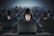 Many hackers in troll farm. Security and cyber crime concept.