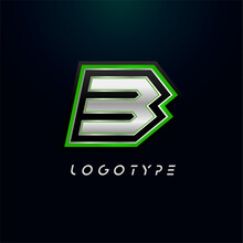 Letter B For Video Game Logo And Super Hero Monogram. Sport Gaming Emblem, Bold Futuristic Letter With Sharp Angles And Green Outline. Tilted Sharp Letter Type On Black Background