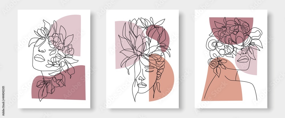Beauty Woman Face In Flowers Line Art Drawing Set. Woman Head with ...