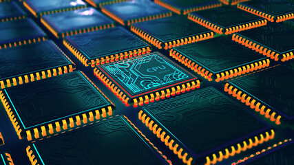 Canvas Print - Futuristic CPU. Database, data center. Quantum processor in global computer network. 3d illustration of digital cyberspace