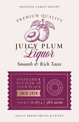 Wall Mural - Family Recipe Plum Liquor Acohol Label. Abstract Vector Packaging Design Layout. Modern Typography Banner with Hand Drawn Fruit Silhouette Logo and Background. Isolated