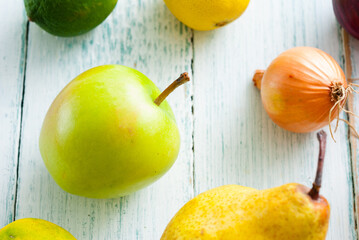 Canvas Print - fruits and vegetables on white wooden table