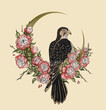 falcon bird, flowers and moon, magic illustration