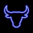 The silhouette of the bull's head is blue neon line on a black background