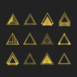 Golden art deco and line equilateral triangles motifs and icons set on black background