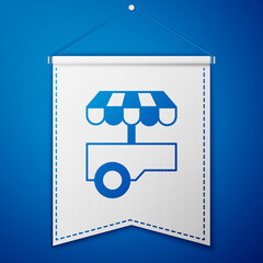 Sticker - Blue Fast street food cart with awning icon isolated on blue background. Urban kiosk. White pennant template. Vector