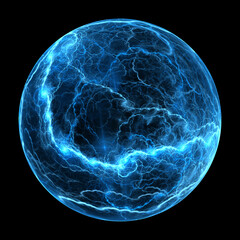 Wall Mural - blue glowing high voltage ball lightning object isolated on black
