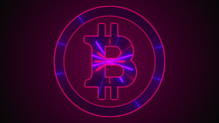 Poster - Bitcoin with neon lines. Computer generated digital emblem. 3d rendering cryptocurrency over web backdrop
