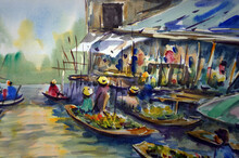 Brush Stroke ,  Floating Market   Thailand Countryside  Painting Abstract Watercolor Background  