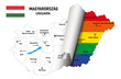 Landkarte Ungarn mit aufdeckbarem Regenbogen, Flagge, Bundesländer, Städte und Hauptstädte,
Vektor Illustration isoliert auf weißem Hintergrund
