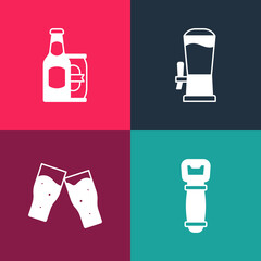 Poster - Set pop art Bottle opener, Glass of beer, Beer tap and bottle and can icon. Vector