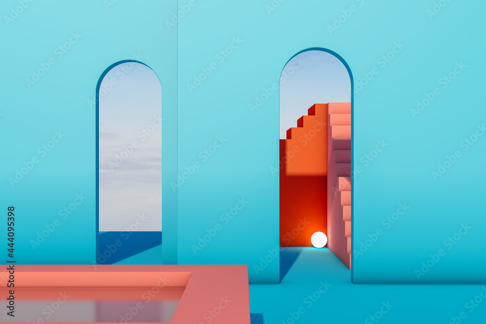 Abstract space with stairs and curved shapes in blue Stock Photo ...