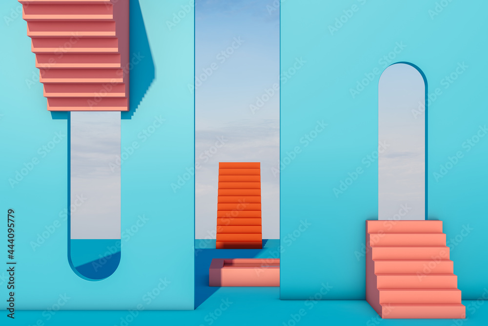 Abstract space with stairs and curved shapes in blue Stock Photo ...