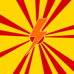 Poster - Lightning symbol on a background of red flash explosion radial lines. The large orange symbol is located in the center of the sun, symbolizing the sunrise. Vector illustration on yellow background