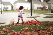 Young Girl Raking Leaves In A Neighborhood Yard