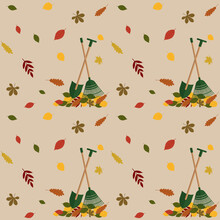 Pattern Depicting Fall Foliage And Garden Tools