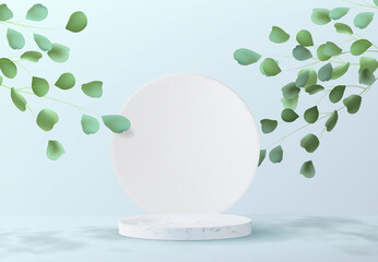 Minimalistic abstract background design with marble pedestal. A realistic image of an empty cylindrical podium for product demonstration with tree leaf decorations.