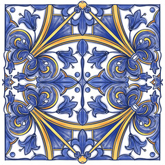 Azulejos Portuguese Dutch tile in shades of blue and yellow colors pattern. Baroque tiles. Vector Baroque. Rococo