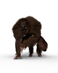 Wall Mural - 3D illustration of a werewolf squatting and leaning on one hand isolated on white.