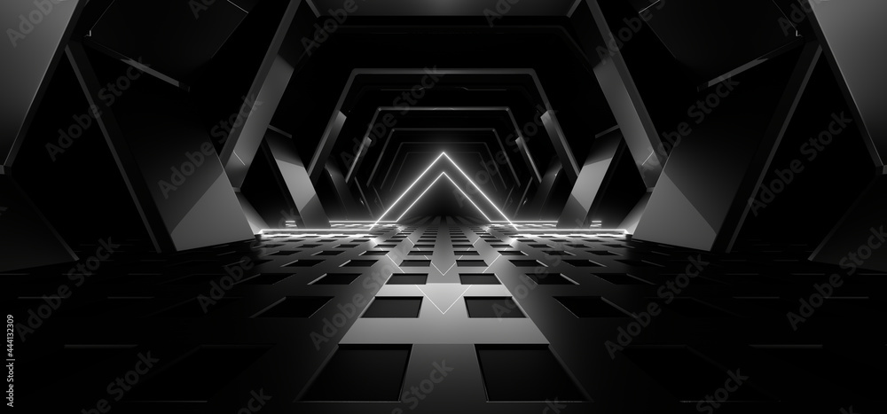 A dark tunnel lit by white neon lights. Reflections on the floor and walls. 3d rendering image. - obrazy, fototapety, plakaty 