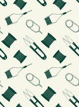 Fly Fishing Tools. Seamless Pattern With Hand-drawn Elements.