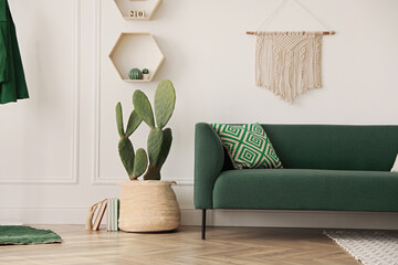 Poster - Stylish living room interior with beautiful potted cactus and modern furniture