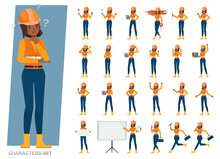 Set Of Builder Woman Wear Safety Vest Reflective Shirt Working Character Vector Design. Presentation In Various Action With Emotions, Running, Standing And Walking.
