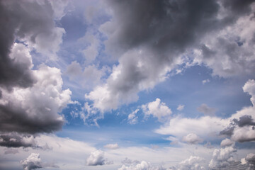 Clouds in the blue sky at sunset or dawn backlit by the sun.