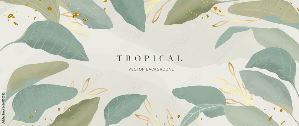 Abstract art gold tropical leaves background vector. Luxury wallpaper with watercolor, tropical leaf framed, palm leaf, flower,Vivid foliage, exotic green and gold brush glitter. - obrazy, fototapety, plakaty 