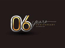 6th Years Anniversary Logotype With Multiple Line Silver And Golden Color Isolated On Black Background For Celebration Event.