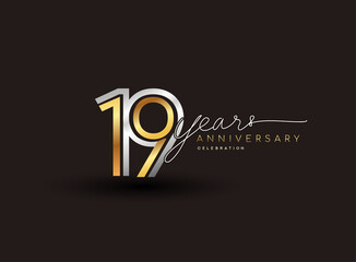 Wall Mural - 19th years anniversary logotype with multiple line silver and golden color isolated on black background for celebration event.