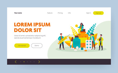  Pharmacy and drugstore concept. Tiny pharmacists presenting drugs, antibiotic pills, vitamin, syringe, bottles. Vector illustration for medication, pharmaceutical store, cure topics