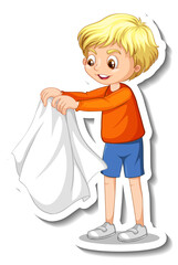 Poster - Sticker design with a boy take off his coat isolated