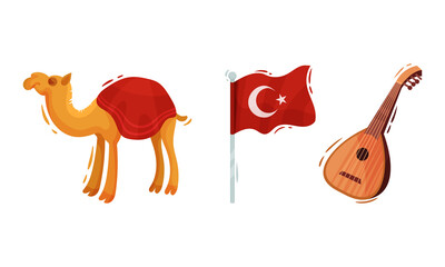 Wall Mural - Turkey Culture Traditional Symbols with National Flag on Pole and Camel Vector Set