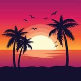 Fototapeta Zachód słońca - Evening on the beach with palm trees. An evening on the beach with palm trees. Colorful picture for rest.  Orange sunset in the blue sky.  Vector flat illustration