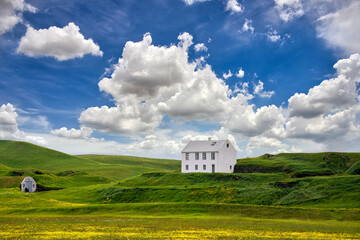 Wall Mural - A square white house on a hill among green fields. In summer there are many yellow wildflowers, isolated houses and striking nature in the Icelandic countryside.