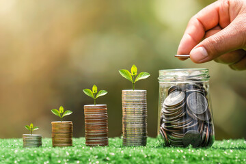 Poster - hand puting coins into jug glass with money stack and plant growht step on green grass. concept saving