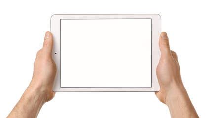 Man with tablet computer on white background